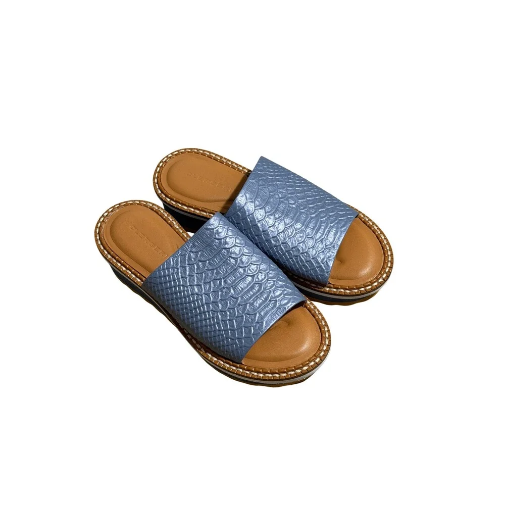 Clergerie Platform Slides Blue 37.5 Womens Snakeskin Embossed Leather Sandals